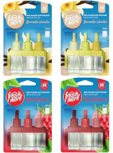 Fresh & More Nachfüllflakons 4er Pack je 20 ml Romantic Vanilla, Red Raspberry - Kompatibel mit Febreze & Ambi Pur 3Volution Duftstecker - Raumduft Nachfüller mit langanhaltender Frische