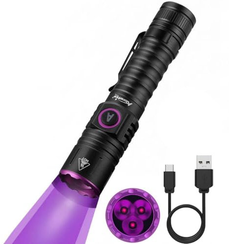 ALONEFIRE SV103 395nm UV-Taschenlampe USB C Wiederaufladbare Schwarzlicht Holzlampe Gelddetektor für Harzaushärtung, Haustierurin-Erkennung, Skorpion, Angeln, Mineralien, Steine, Bettwanzen, Lecks mit