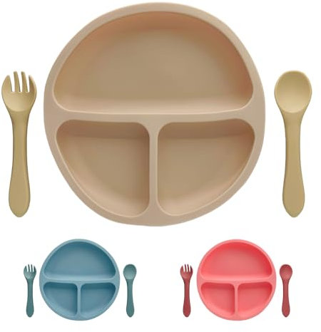 Set Repas Assiette Ventouse + Couverts pour Bébé | Cadeau de Naissance | Cadeau Enfant et Bébé | Kit Diner | Pack Plat Cuillère Fourchette 100% Silicone sans BPA (Beige)