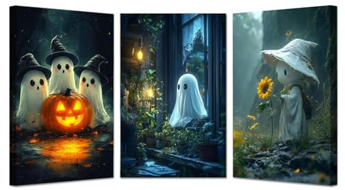 JOSUE Set 3 Teilig Orange, weiß Halloween Deko Bilder Poster Leinwand Bilder, Niedlicher Geisterkürbis Bilder Wanddekoration Wohnzimmer Schlafzimmer Wanddeko-40x60cmx3 Gerahmt