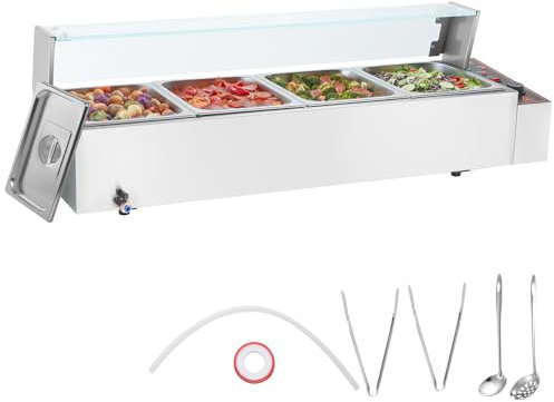 VEVOR Chauffe-Plat Buffet à 4 Bacs de 7,6 L, Bain-Marie Électrique 1500 W, Buffet Chauffant en INOX, Écran en Verre, Température Réglable 30-85 °C, pour Réchauffer Aliments Restauration Soirée Fête