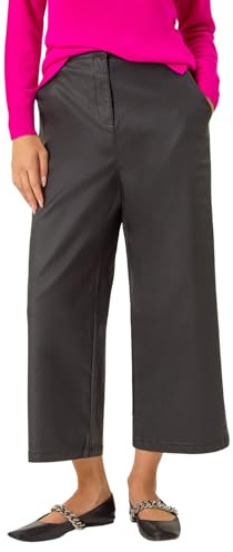Roman Originals Coated Wide Leg Cropped Trouser for Women UK - Ladies Everyday Autumn Winter Comfy Soft Evening Vacation Work Party Night Out - Black - Size 10