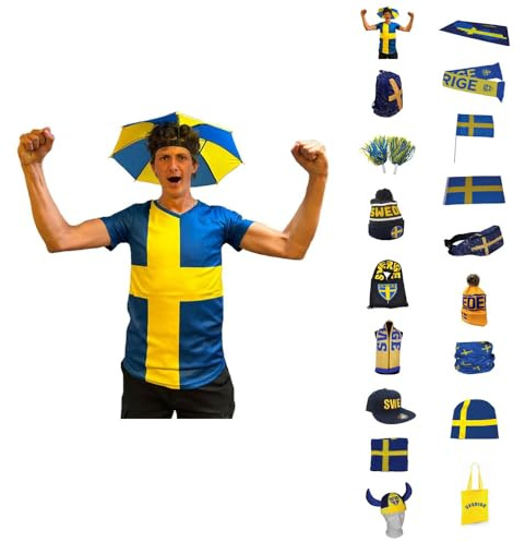 Sverige kläder Schweden Regenschirm-Hut – Blau & Gelb Sonnen- & Regenhut mit Hände-Frei-Design – Einheitsgröße mit Elastischem Kopfband, Festival-, Sport- & Outdoor-Fan-Hut
