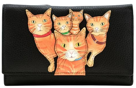 Mala Leather Kitty Crew Cats RFID Large Trifold Ginger Cat Kitten Purse (Black)
