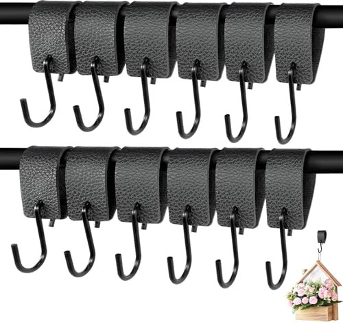 NVGVUP 12 Stück S Haken Mit Lederschlaufe, Schwarz Kleiderhaken, Haken zum Einhängen, Haken für Kleiderstange, Fleischerhaken Leder