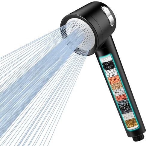 MEKO Soffione Doccia con Filtro ad Alta Pressione con Filtraggio a 15 Strati, Tubo da 1,5 M, 3 Modalità di Spruzzo, Soffione Anticalcare a Risparmio Idrico per Rimuovere Cloro Residuo - Nero