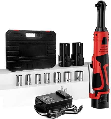3/8 Extended Cordless Ratchet Wrench, 60N.m Electric Ratchet Driver with 7 Sockets, 1/4 Adapter, 18V Powered Ratchet Wrench with 2 x 2.0Ah Batteries, Variable Speedn Fast Charge with LED Light