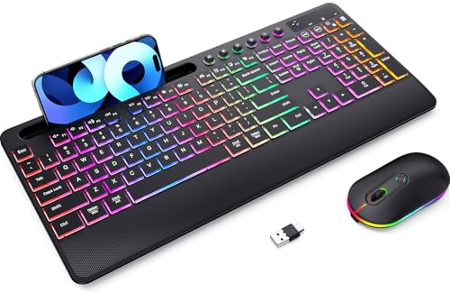 Kabellose Tastatur und Maus, Hintergrundbeleuchtung, 2,4 GHz verzögerungsfreie wiederaufladbare Tastatur in voller Größe mit Handyhalterung, Tablet-Halterung
