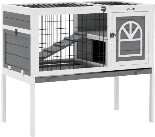 PawHut Wooden Rabbit Hutch Elevated Guinea Pig Cage 90 x 53 x 87cm Grey | Openable Roof, Ladder, Removable Tray