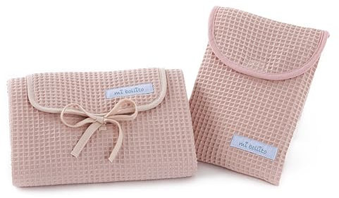 Mi bollito – Set de 2 unidades, cambiador de bebé impermeable más bolsa pañalera para toallitas y pañales. Fabricado íntegramente en España. (Rosa pastel)