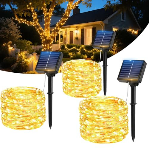 Guirnaldas Luces Exterior Solar, 3pcs 17M 150 LEDs Luces Solares LED Exterior Jardin 8 Modos con Función de Memoria Impermeable IP65 Cadena de Luce para Fiestas, Patio, Arboles, Luz Navidad