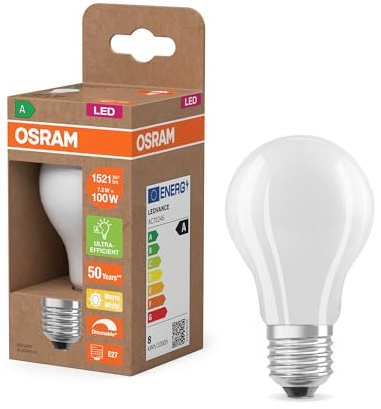 OSRAM Lampadina LED Classic A100 Filament, 7,2 W, E27, satinata, 1521 lm, vetro satinato, per studio, cucina, corridoio, soggiorno, attacco standard