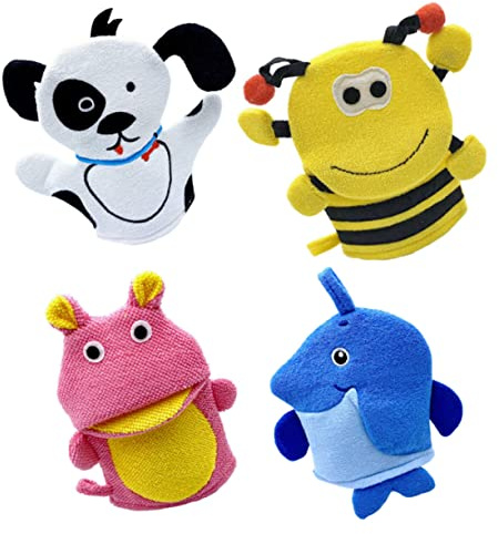 Kinder Waschhandschuhe mit Tiermotiv 4 Stück-pack für Bad und Dusche | Leichtes Verbundbaumwollmaterial, Kreative Form, zum Waschen des Körpers, für Kinderbad