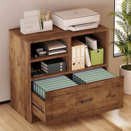 LVB Vintagebraun Schwarz 83cm Aktenschrank Holz mit Schublade für Büro | Holz Optik Als Schubladenschrank mit Druckerständer geordnete Ablage für Büromaterial und Dokumente