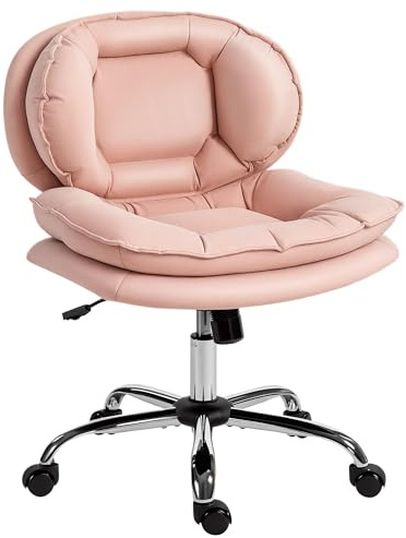HOMCOM Silla de Oficina Piernas Cruzadas, Silla de Escritorio sin Brazos con Asiento Ancho, Ruedas, Altura Ajustable, Doble Acolchado, Giratoria, Función Basculante, Tapizada en PU, Rosa