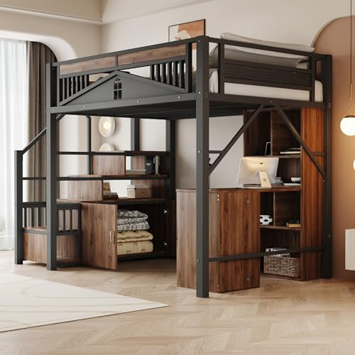 ZIDEY Hochbett as Metall 140x200 mit Stauraum Treppe, Spind und Regal, Metall Kinderbett, Funktionsbett Stockbett, ohne Matratze