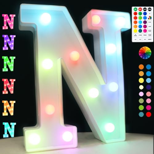 LED Buchstaben Lichter Alphabet, 18 Farblich Veränderbar Led Leuchtbuchstaben mit Fernbedienung Timer Nacht Lichter, Dekoration für Geburtstag Party Weihnachten Hochzeit Kinderzimmer - Buchstaben N