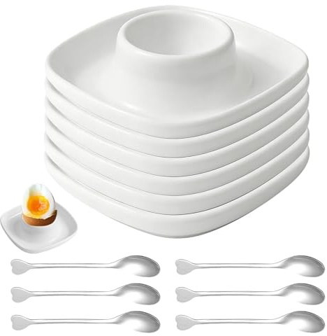 VEGOATY 6 Stück Quadratisch Eierbecher Stapelbar mit 6 x Löffel: Porzellan Eierhalter mit Ablage, Quadratische-Form Weiss Porzellan Eierständer mit Ablage für Zuhause Küche Kühlschrank Restaurant
