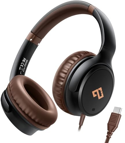 INFURTURE USB C Headphones Wired Brown Over-Ear Headphone with Microphone | Foldable Type C Headphones for iPhone 17/16/15, iPad, Lightweight All-Day Comfort for Sports, School, Travel-ideal gift