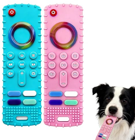 Embhlitfe 2-Pack Silicone Puppy Teething Toy, Fun Remote Control Design Soft Chew Toys for Small Dogs, Relief Boredom & Anxiety, Pink & Blue Set