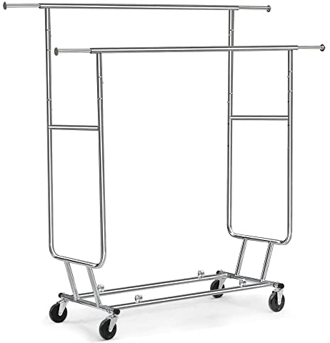 Yaheetech Grande Portant à Vêtements 2 Barres Extensibles Hauteur Réglable 139-164 cm Penderie roulettes avec Freins Charge Max.113 kg Métal Chromé