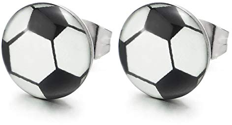 Schwarz Weiß Fußball Kuppel Kreis Ohrstecker, Herren Ohrringe Ohr-Piercing, Edelstahl, 1 Paar