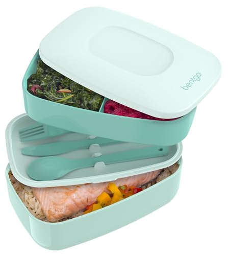 Bentgo Classic - Adult Bento Box, All-in-One Stackable Lunch Box Container with 3 Compartments, Plastic Utensils, and Nylon Sealing Strap, BPA Free Food Container (Coastal Aqua)
