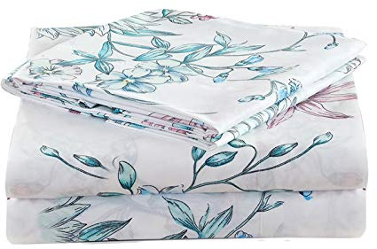 JSD Bettwäsche-Set mit Blumenmuster für King-Size-Betten, 4-teilig, Botanik, Mikrofaser, extra Tiefe Taschen, weiß/blau