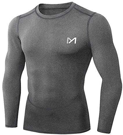 MEETYOO Men's MenÂ’s Compression Base Layer Top Long Sleeve T-shirt Sports Gear Fitness Tights for Running Gy Shirt, Grey-2, M UK