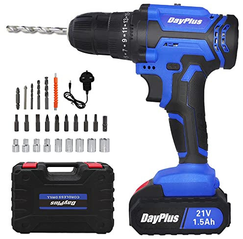 21V Cordless Drill Driver Power Battery Drill, 3/8 inch Metal Chuck, 2 Speeds and 45N.m High Torque Impact Driver Screwdriver Set with 26pcs Accessories, Lithium Battery and Fast Charger