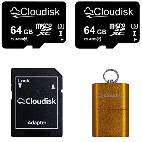 Cloudisk 64gb Micro SD Card Pack de 2, microsdxc uhs - I Carte Flash avec Adaptateur, Lecteur de Carte, C10, U3, Full HD, 4K Ultra HD, Carte TF Haute Vitesse