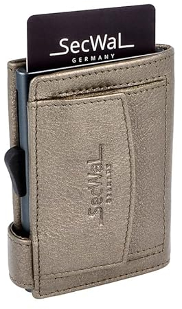 SecWal Kartenetui mit Münzfach Druckknopf inkl. Geschenkbox - Made in Germany - Echtleder Mini Geldbörse inkl. E-Book für Damen und Herren - RFID Schutz Geldbeutel klein (Metallic Grau)