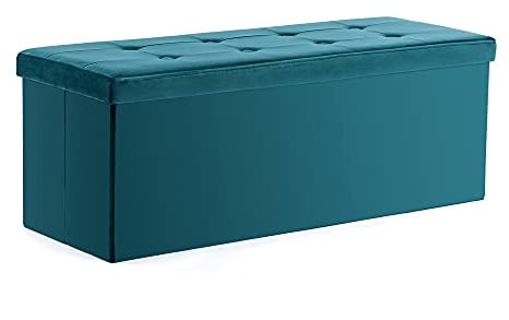 HNNHOME Ottoman Storage Box, Foldable Footstool with Lid and 151L Capacity, Velvet Blanket Box Chest Ideal for Bedroom Bench, Living Room, 110x40x40 cm(Extra-Large, Teal)