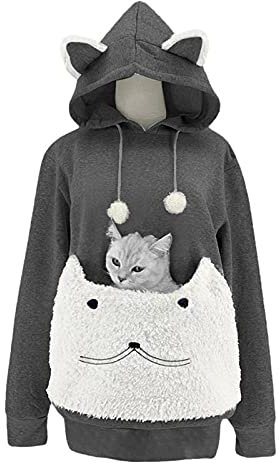 Fhuuly Women Cute Cat Ear Hoodies Pet Carrier Sweatershirt Puppy Kitten Pouch Jumper Long Sleeve Pullover Tops (Black,L)