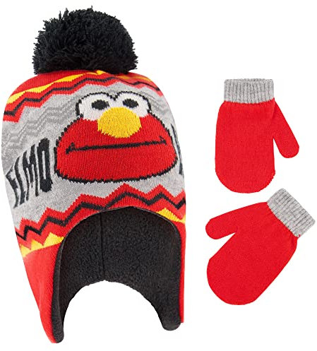 Sesame Street Winter Hat, Mittens, Elmo Baby Beanie for Boys Ages, Grey/Red, Toddler, Age 2-4
