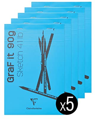 Clairefontaine 96681C - Packung mit 5 Skizzenblöcken GRAF IT, DIN A4 21x29,7 cm, kopfseitig geheftet, 80 Blatt 90g, Blanko, Hellblau, 1 Pack