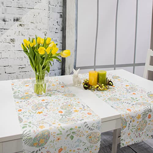 DECOOR Tischdecke 38 x 140 cm für Ostern mit Digitaldruck - Tischläufer mit Ostereier für die österliche Festtagstafel, Bunte und waschbare Ostertischdecke, Tischdekoration für Frühling
