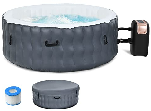RELAX4LIFE Spa Inflable 4 plazas con 108 chorros de burbujas y sistema termostático, bañera de PVC con tapa para exterior bomba de aire incluida, gris (sin reposacabezas y portavasos)
