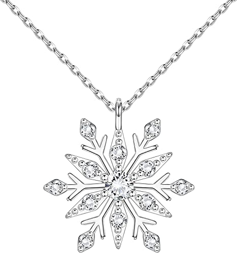 MILACOLATO 925 Sterling Silver Snowflake Pendant Necklace for Women Sparkle Cubic Zirconia Hypoallergenic Necklaces 18K White Gold Plated Christmas Jewerly Silver