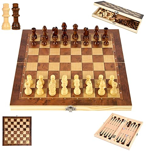 YongHang Juego de Ajedrez Madera 3 en 1 Tablero Ajedrez Plegable Portátil para niños Ajedrez Profesional para Fiestas Actividades Familiares Niños Adultos Viajes