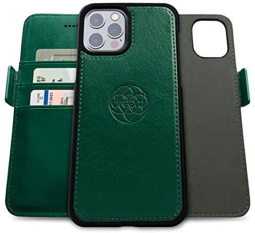 Dreem Fibonacci kompatibel mit iPhone 13 Pro Max Brieftaschen-Etui / 2-in-1 stoßfestes Etui und abnehmbares Folio aus veganem Leder, MagSafe-kompatibel, RFID-Schutz [Grün]