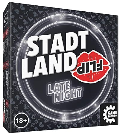 Game Factory 646311 Stadt Land Flip Late Night, das superschnelle Wortspiel für Erwachsene, für 2-6 Spieler ab 18 Jahren, Reisespiel in der praktischen Kartonbox, Weiß