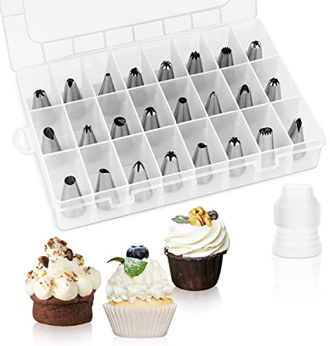 24 Piece Piping Tips Set, Icing Piping Nozzles with Storage Box, Stainless Steel Nozzles Tip for Cake Decorating