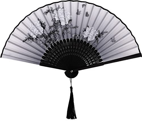 Hand Fan Folding Silk Fabric Handheld Fans with Pendent Classic Bamboo Fan for Dance Wall Decoration Wedding Party Decoration (Style B)