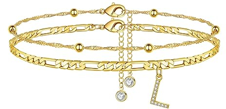 TINGN Fussketten für frauen, Gold Fußkettchen für Damen Fusskette mit CZ Buchstaben L Doppelte Fußkette Verstellbar Geschenk für Sommer Tochter Freund Schwester Geschenk