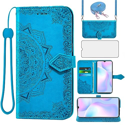 Asuwish Handyhülle für Xiaomi Redmi 9A/9AT Hülle mit Band und Glas Folie Schutzfolie Kartenfach Klappbar Leder Geldbörse Ständer Redmi9A A9 AT9 9i Sport M2006C3LG Handy Hüllen Mandala Phone Case Blau