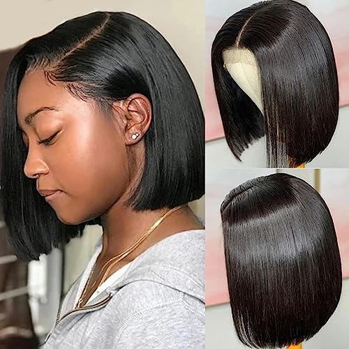 DUAUJUIU Short Bob Wig Perücke Echthaar Human Hair Glueless Wig 13x4 Lace Frontal Wig Bob Wig Perücke Natur Schwarz Transparent Lace Front Wig Pre Plucked with Baby Hair 8 Inch
