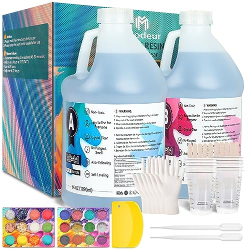 IModeur Epoxy Resin Kit - 128 oz/1 Gallon Self-Leveling Crystal Clear Epoxy Resin - No Yellowing No Bubble UV Resistant Art Resin Casting Resin for Art Crafts, Jewelry Making, Resin Molds (64oz x 2)