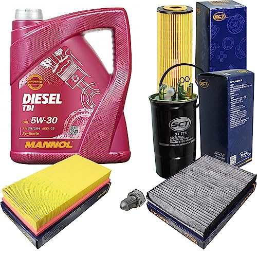 Inspektionspaket Wartungspaket Filterset mit 5 L Motoröl Diesel TDI 5W-30, Ölfilter, Luftfilter, Kraftstofffilter, Innenraumfilter (Aktivkohle), Verschlussschraube