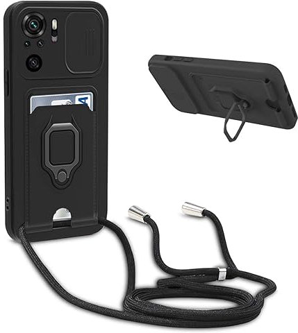 BGHHEU Coque avec Cordon pour Xiaomi Poco M5s/Redmi Note 10/Note 10S,Collier pour Étui Colliers de cellulaire Réglable Corde Silicone Souple Case,Protection de la Caméra,Support,Porte Cartes - Noir